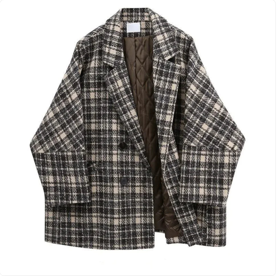 Women's Plaid Polyester Long Coat