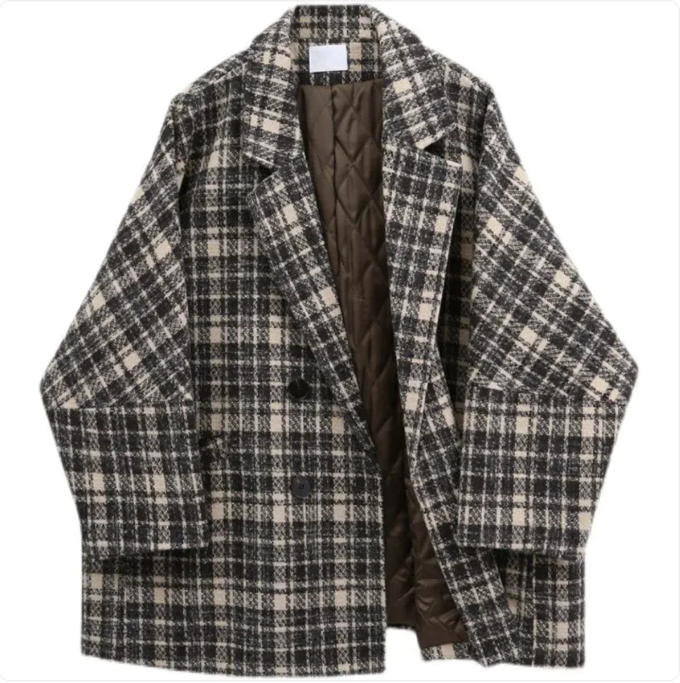 Women's Plaid Polyester Long Coat