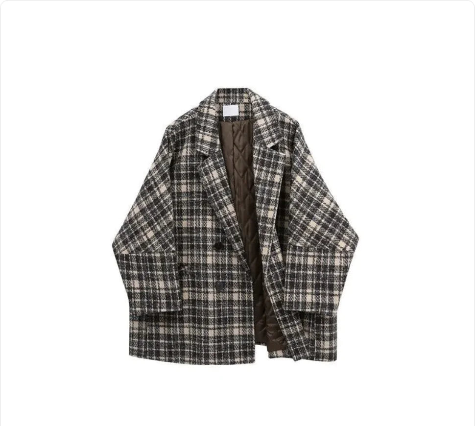 Women's Plaid Polyester Long Coat